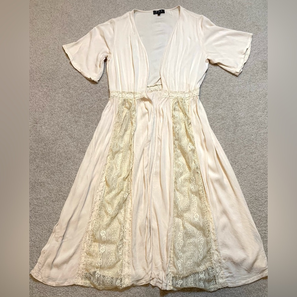 POL‎ Cream Kimono Duster Open Front Lace Detail Women Size Small